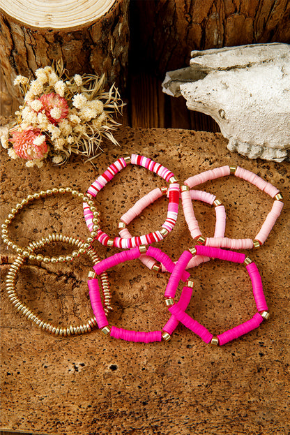 Bright Pink 7pcs Color Block Beaded Bracelet Set