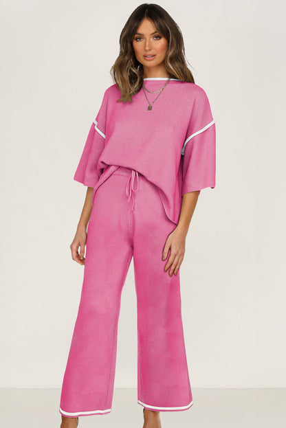 Bright Pink Contrast Trim Half Sleeve Top Drawstring Pants Loose 2pcs Sweater Suit
