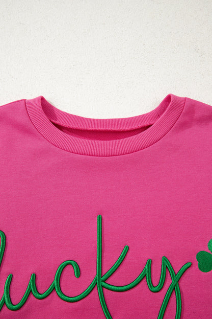 Rose Red Lucky Clover Embroidered Loose Pullover Sweatshirt