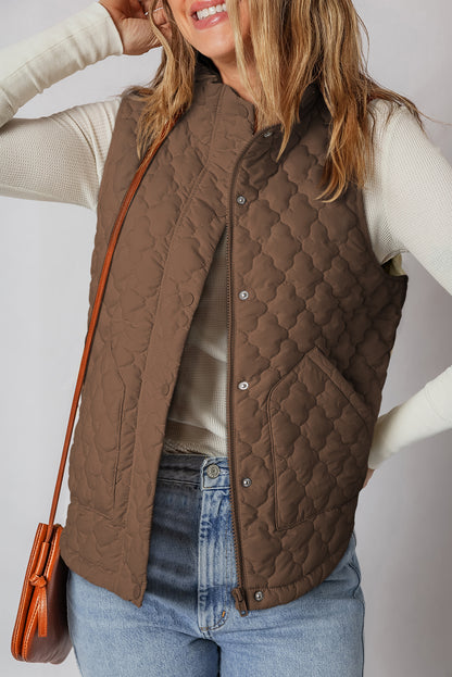 Wild Ginger Flower Shape Quilted Snap Button Zip Up Winter Vest