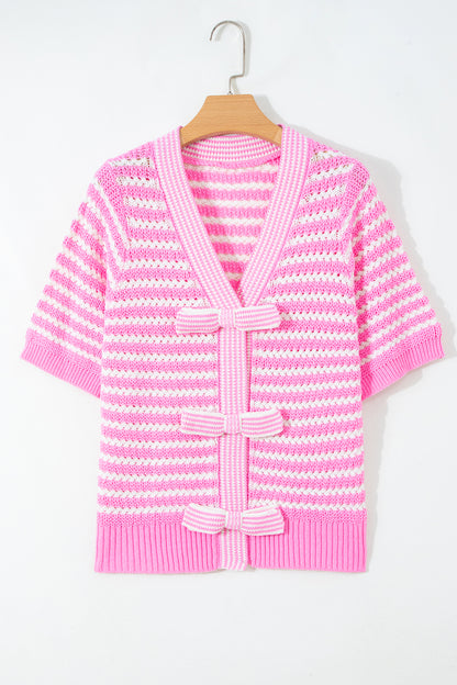 Green Stripe Short Sleeve Knit V Neck Bow Knot Sweater