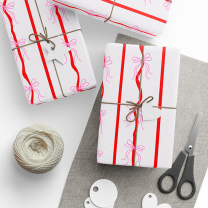 Pink Bows & Red Stripes Wrapping Paper — Coquette Gift Wrap