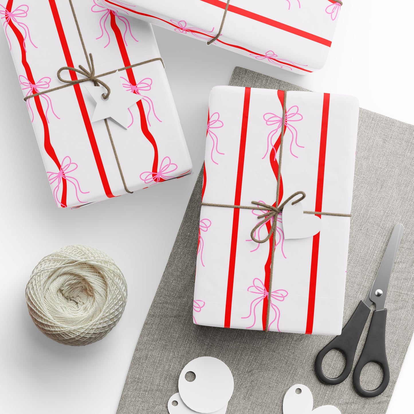 Pink Bows & Red Stripes Wrapping Paper — Coquette Gift Wrap