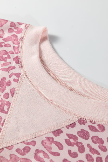 Khaki Leopard Print Patchwork Crew Neck Sweatshirt