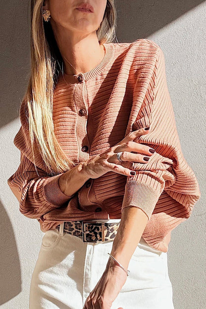 Apricot Pink Rib Knit Button Front Dolman Sleeve Cardigan
