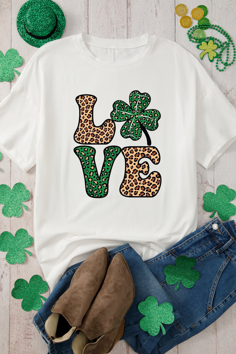 White Cheetah Clover LOVE Graphic St. Patricks Crewneck Tee