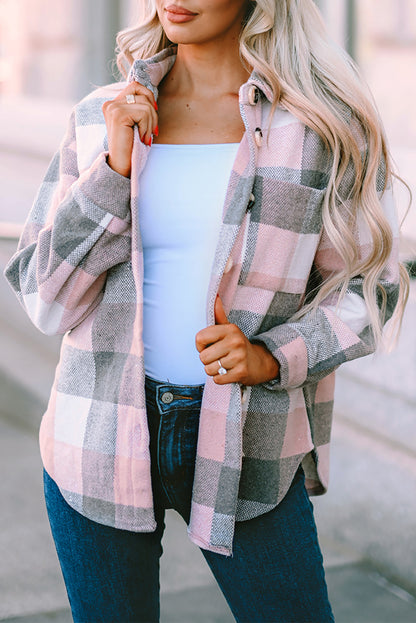 Pink Plaid Color Block Buttoned Long Sleeve Jacket with Pocket