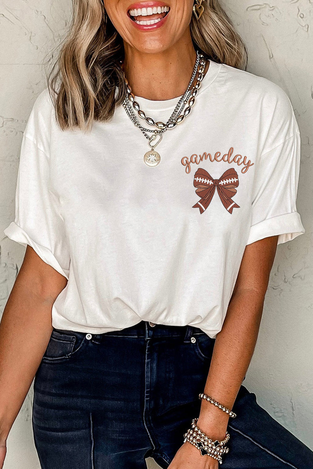 White Game Day Bowknot Embroidered Graphic Casual Tee
