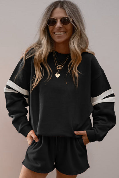 Black Varsity Striped Sleeve Drop Shoulder Sweatshirt and Short Set