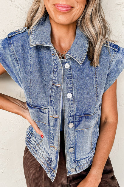 Ashleigh Blue Acid Wash Elastic Hem Button Up Denim Top