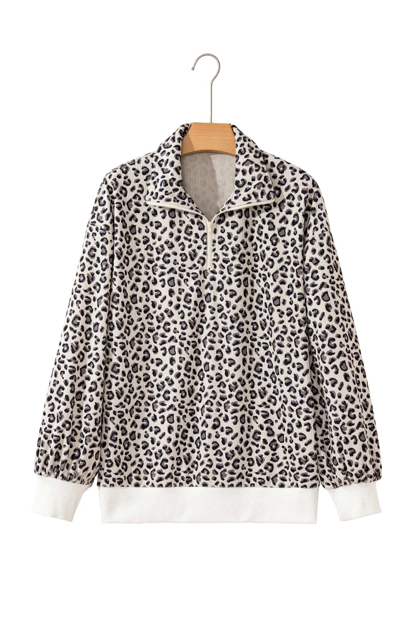 Beige Leopard Print Quarter Zip Corduroy Sweatshirt