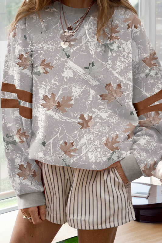 Gray Maple Leaf Camo Print Varsity Striped Sleeve Casual Sweatshirt