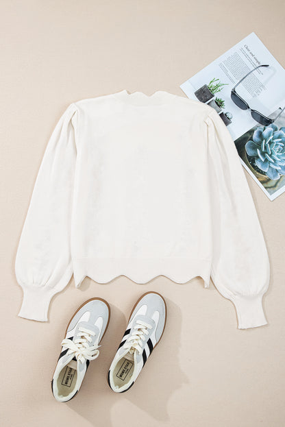 White Floral Embroidered Scallop Hem Cropped Sweater