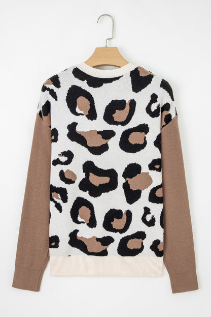 Jet Stream Leopard Print Color Block Patchwork Sleeve V Neck Sweater