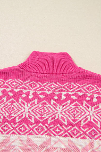 Rose Red Christmas Snowflake Quarter Zip Collard Sweater
