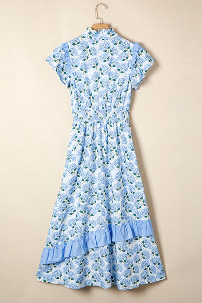 Sky Blue Hydrangea Floral Print Ruffle Trim Flutter Sleeve Long Dress