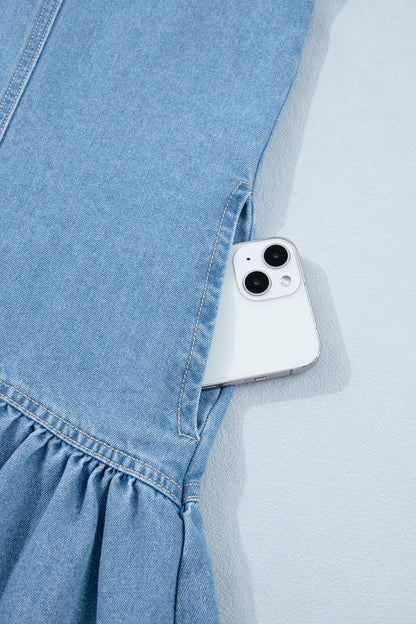 Beau Blue Button Down Short Puff Sleeve Ruffle Hem Patchwork Denim Dress