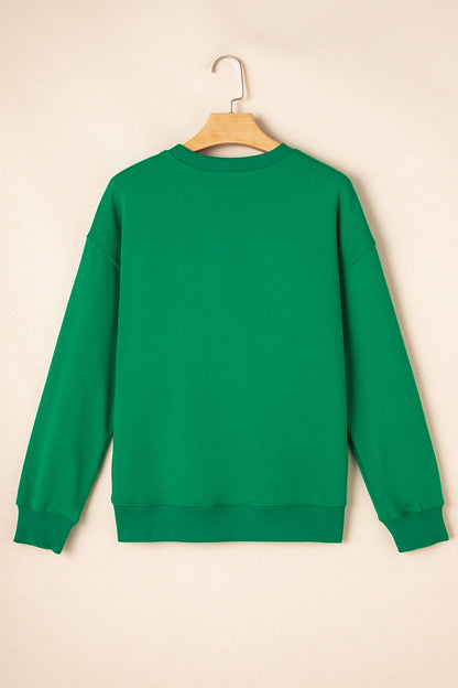 Dark Green LUCKY Clover Letter Printed Loose Pullover Sweatshirt
