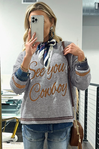 Light Grey See You Cowboy Embroidered Western Graphic Sweater