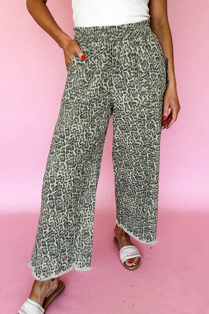 Brown Leopard Print Raw Hem Elastic Waist Loose Pull On Jeans