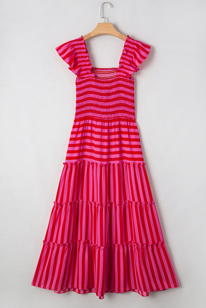 Rose Stripe Ruffle Strap Shirred Bodice Tiered Maxi Dress