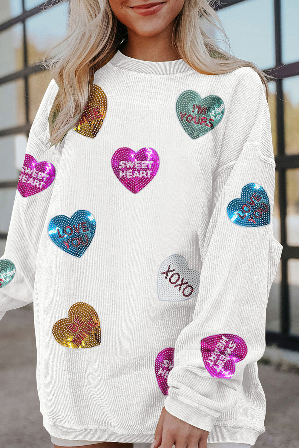 White Valentines Slogan Heart Sequin Corded Baggy Sweatshirt