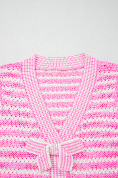 Green Stripe Short Sleeve Knit V Neck Bow Knot Sweater
