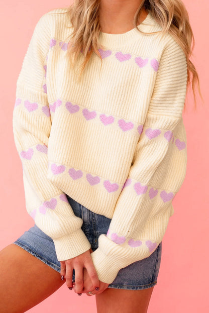 Pink Heart Pattern Ribbed Round Neck Knit Sweater
