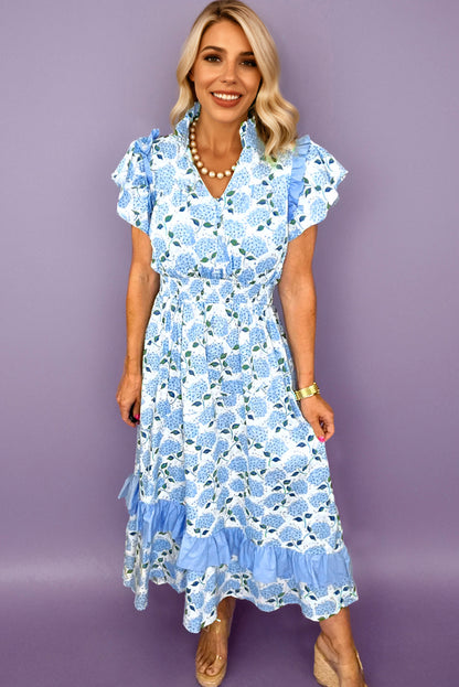 Sky Blue Hydrangea Floral Print Ruffle Trim Flutter Sleeve Long Dress