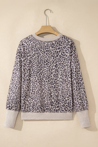 Khaki Leopard Print Patchwork Crew Neck Sweatshirt