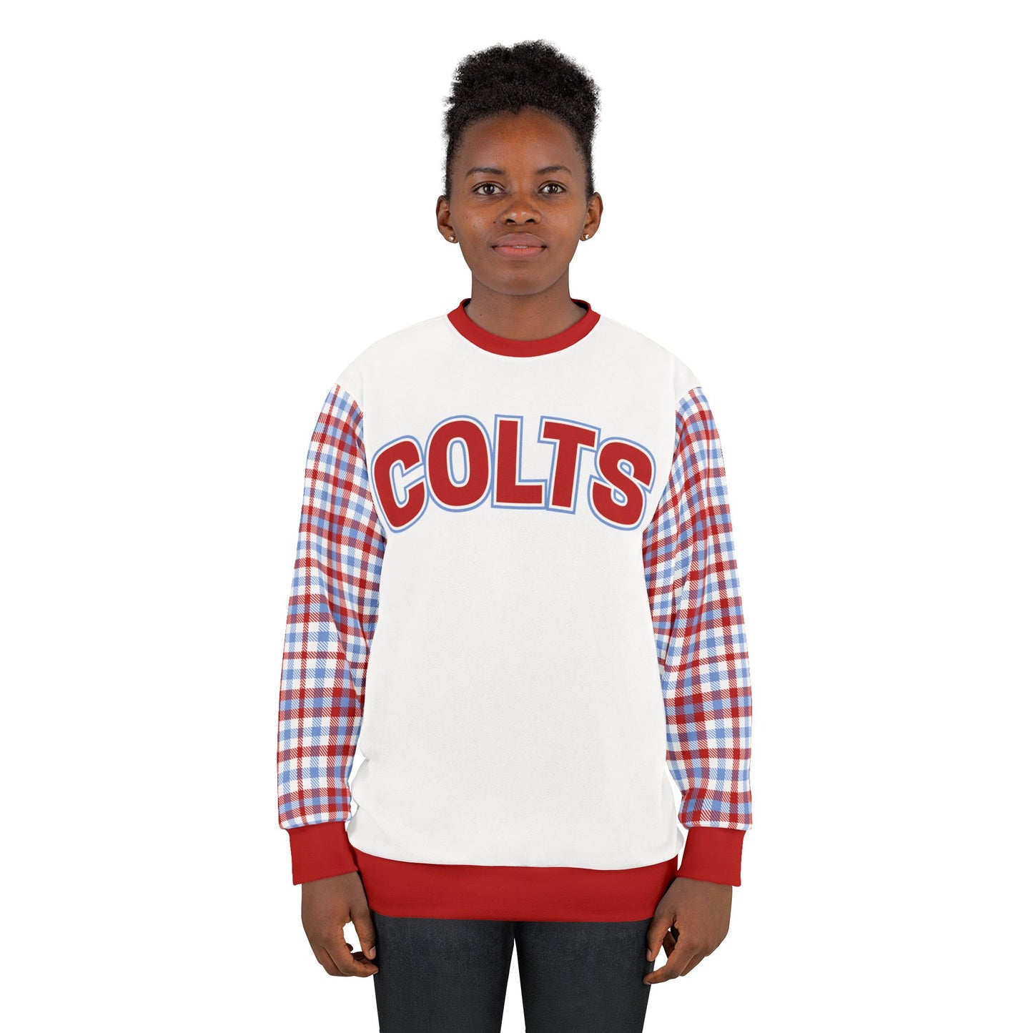 Colts Plaid Sleeve Sweatshirt — Retro Red & Blue - AOP Team Pullover