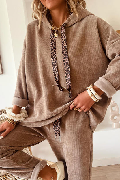 Parchment Leopard Drawstring Pullover Hoodie and High Waist Pants Corduroy Suit