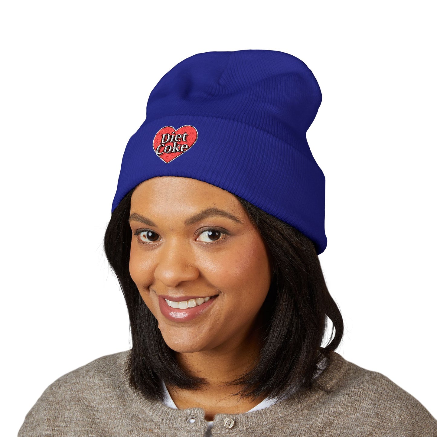 "Diet Coke" Heart Embroidered Cuffed Beanie — Classic Script Winter Hat