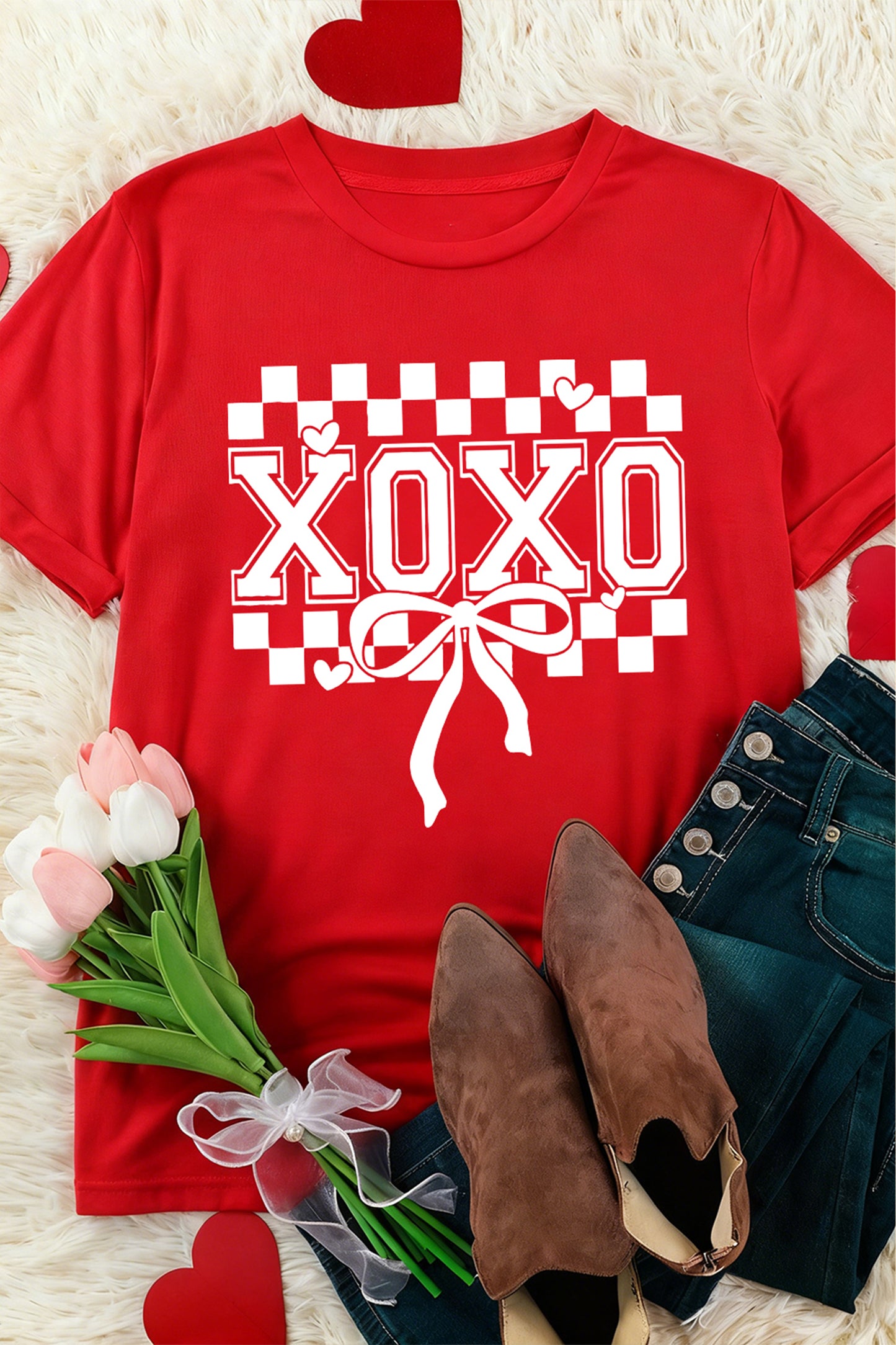 Red XOXO Checkered Ribbon Bow Print Valentines Day T Shirt
