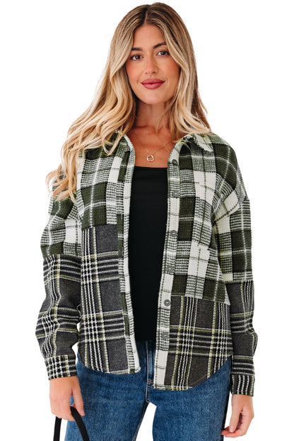 Black Plaid Print Textured Knit Buttoned Shacket