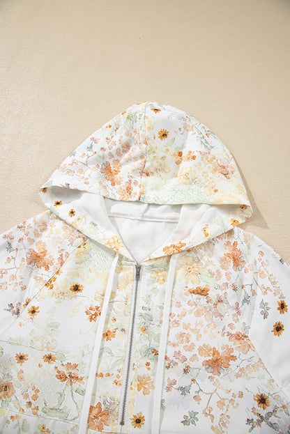 Yellow Floral Print Half Zip Hooded Long Sleeve Top