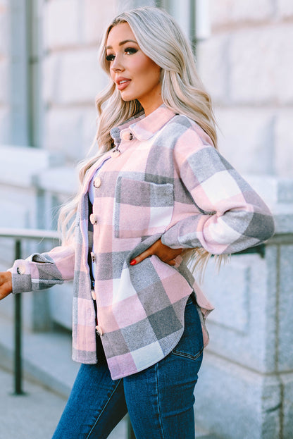 Pink Plaid Color Block Buttoned Long Sleeve Jacket with Pocket