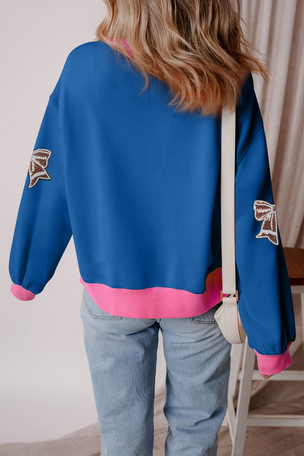 Blue Sequins Patch Bow Colorblock Round Neck Game Day Sweatshirt