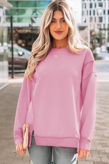 Pink Horizontal Ribbed Exposed Seam Detail Drop Shoulder Baggy Pullover