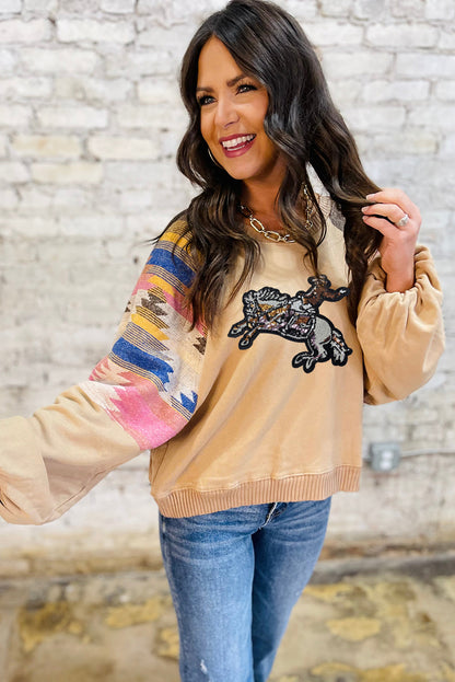 Light French Beige Rodeo Sequins Patch Graphic Fashion Sweatshirt