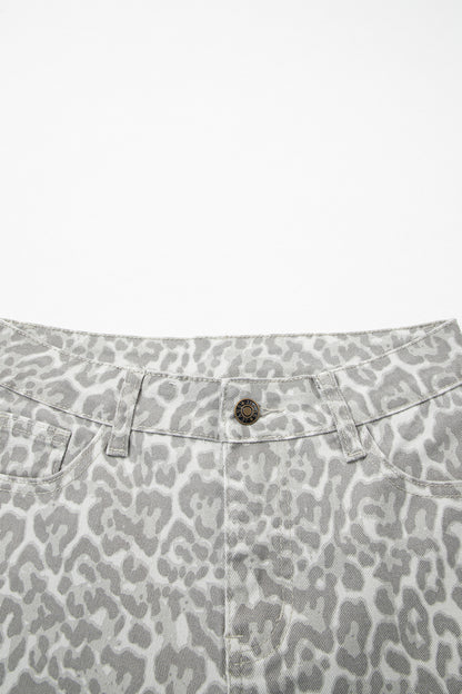 Sky Blue Leopard Frayed Edge Wide Leg High Waist Jeans