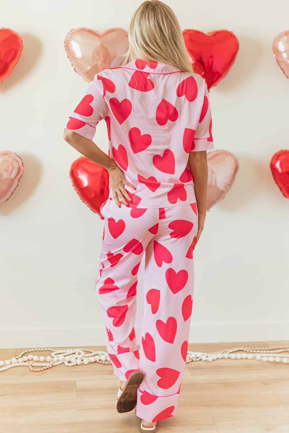 Pink Classic Heart Valentines Short Sleeve Pants Pajamas Set