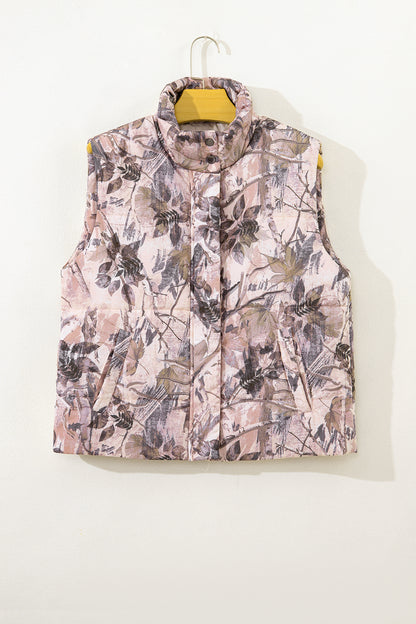 Gray Camo Leaf Print Winter Puffer Vest
