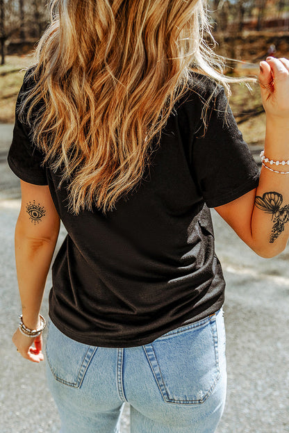 Black Shimmering Bow Ball Patterned Sequins Patch Game Day Casual Tee