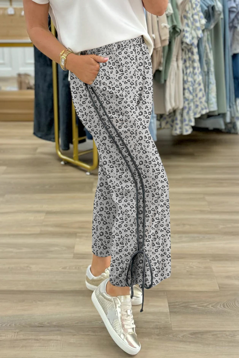 Gray Leopard High Waist Side Bow Straight Leg