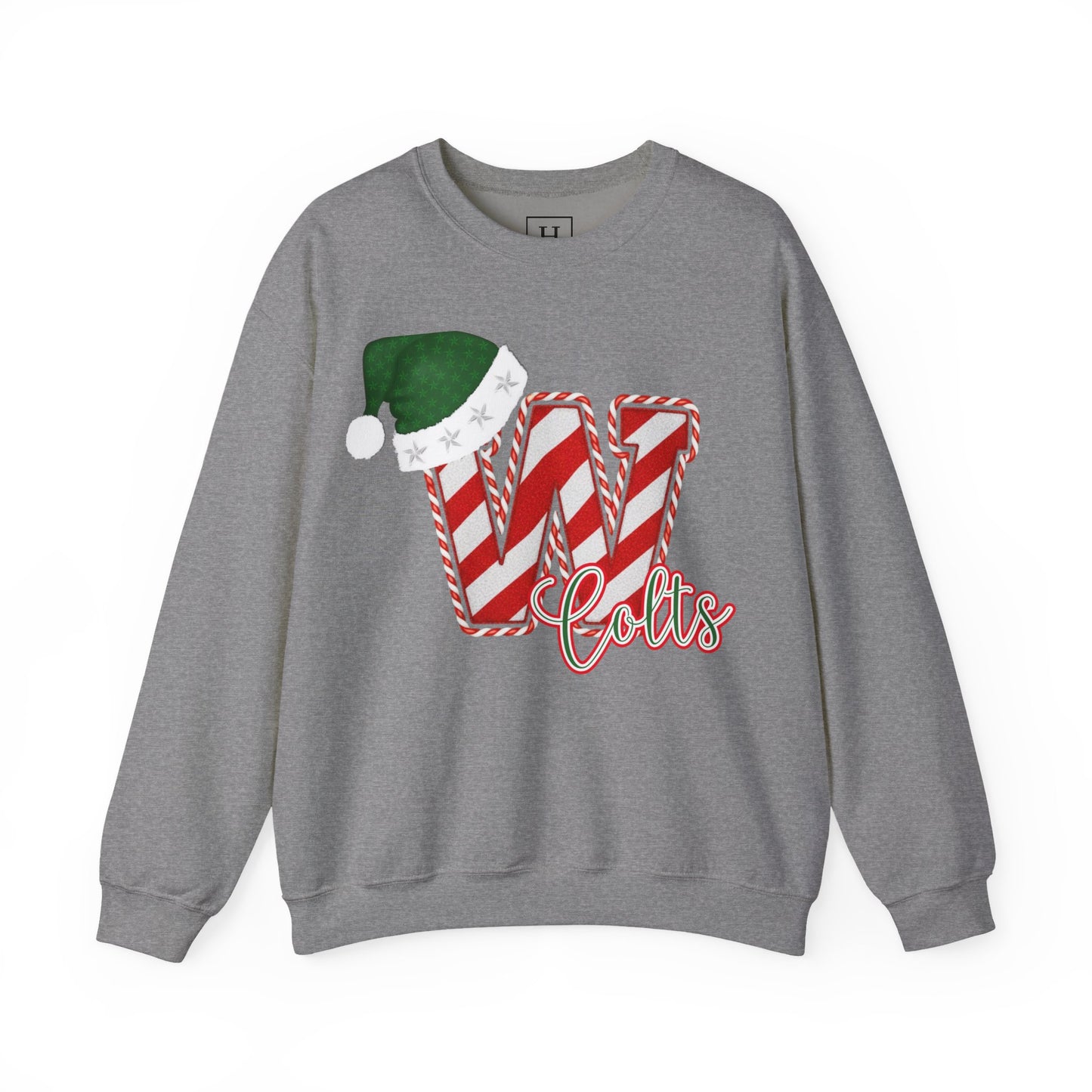 Candy Cane "W" with Green Santa Hat; Colts - Christmas Sweatshirt - Unisex