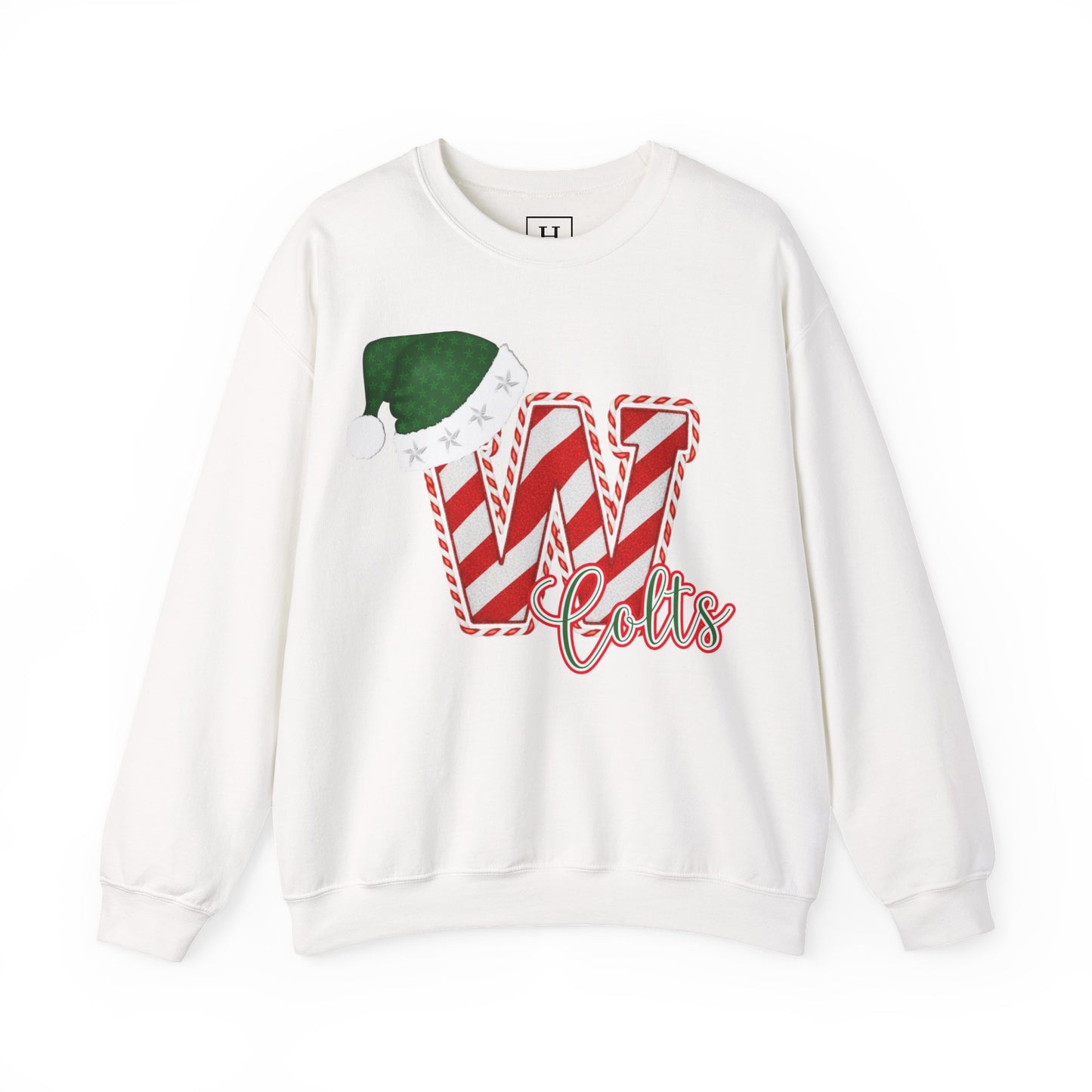 Candy Cane "W" with Green Santa Hat; Colts - Christmas Sweatshirt - Unisex