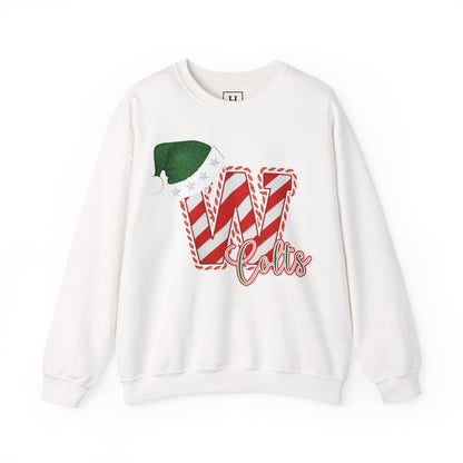 Candy Cane "W" with Green Santa Hat; Colts - Christmas Sweatshirt - Unisex