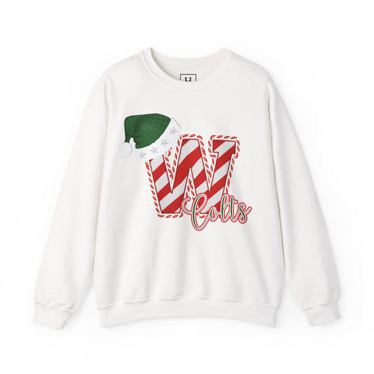Candy Cane "W" with Green Santa Hat; Colts - Christmas Sweatshirt - Unisex