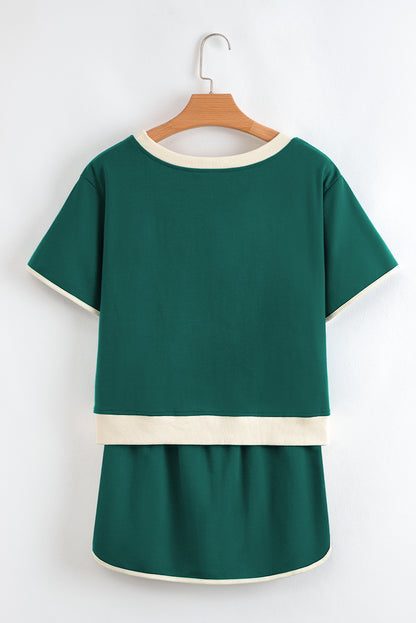 Bonbon Colorblock Edge Drop Shoulder T Shirt and Skort 2Pcs Set